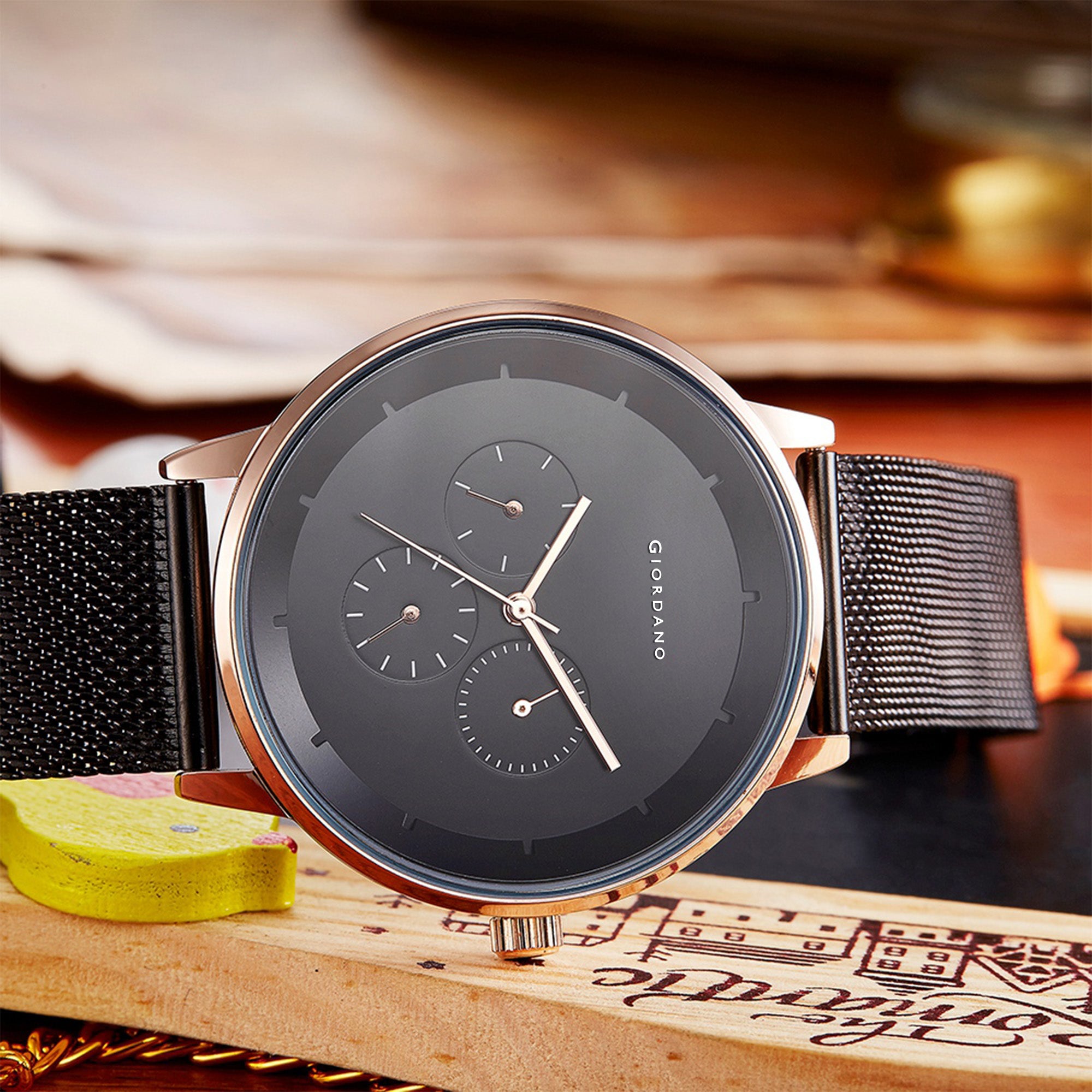 Giordano Skyscrapper Collection Multi-Function Rose Gold Watch for Man with White Dial and Rose Gold Metal Mesh Strap Wrist Watches for Men, with Classy Mesh Band | GZ-50005-33