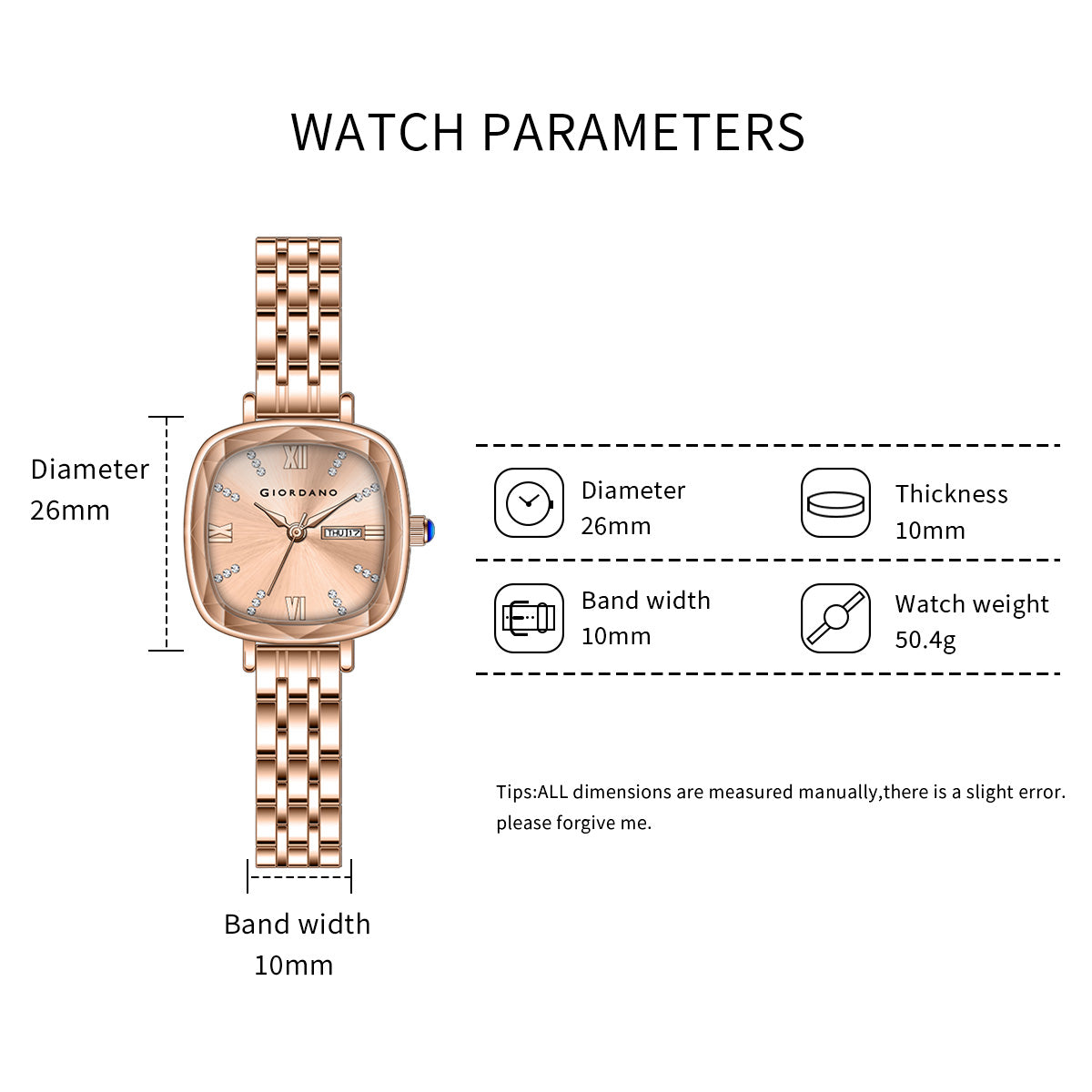 Giordano Elegant Square Rose Gold Watch for Women – Crystal & Roman Hour Markers, Day-Date Display, Stainless Steel Strap | GZ-60097-22