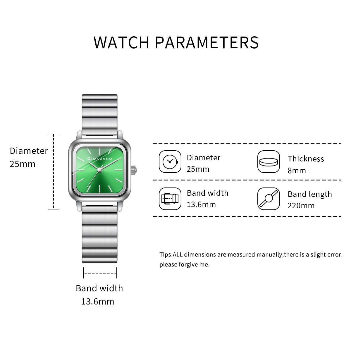 Giordano Classic Square Watch for Women – Polished Stainless Steel Strap, Minimalist Compact Design | GZ-60098-33