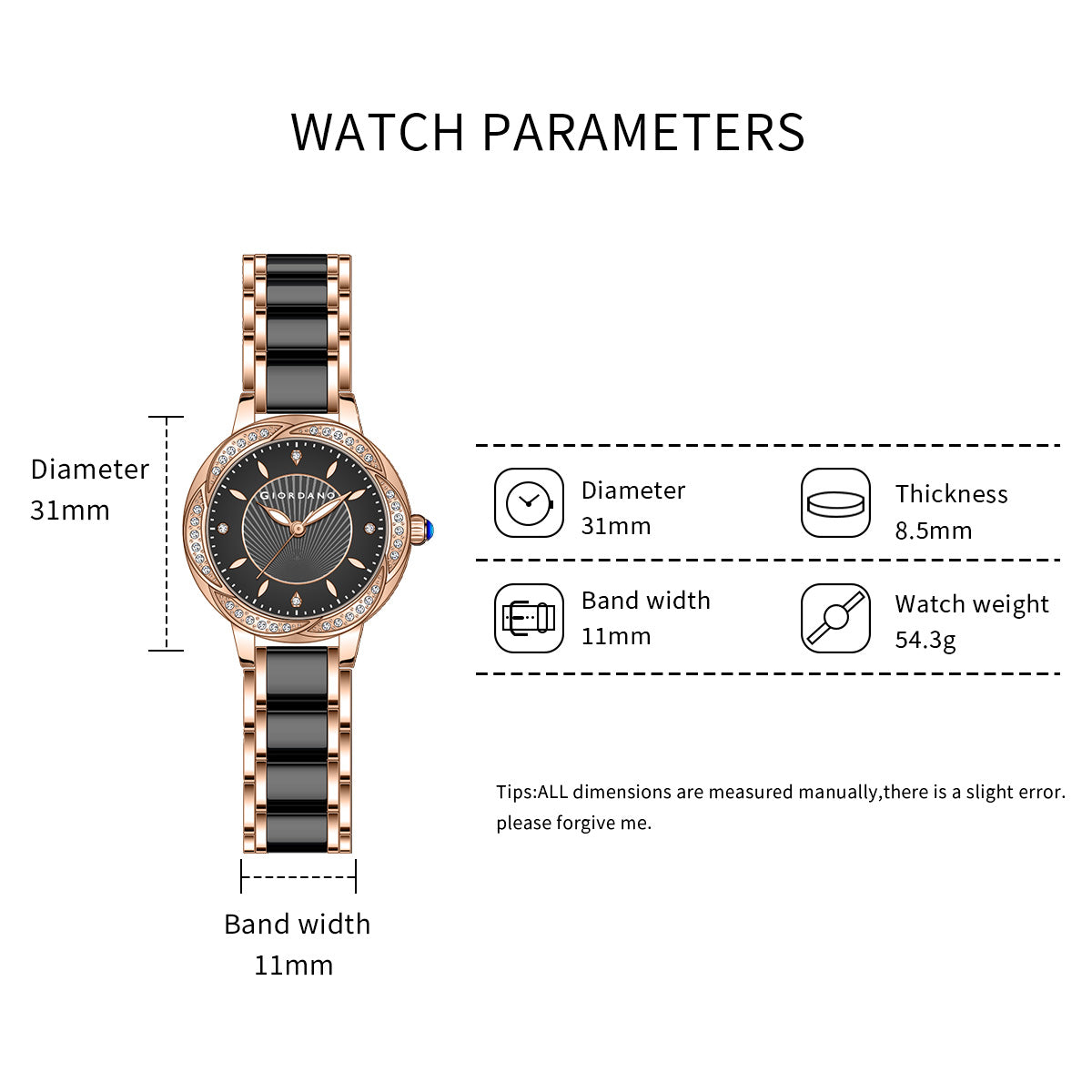 Giordano Flower Case Watch for Women with Crystal-Studded Bezel, Diamond Hour Markers & Dual Tone Stainless Strap | GZ-60095-11