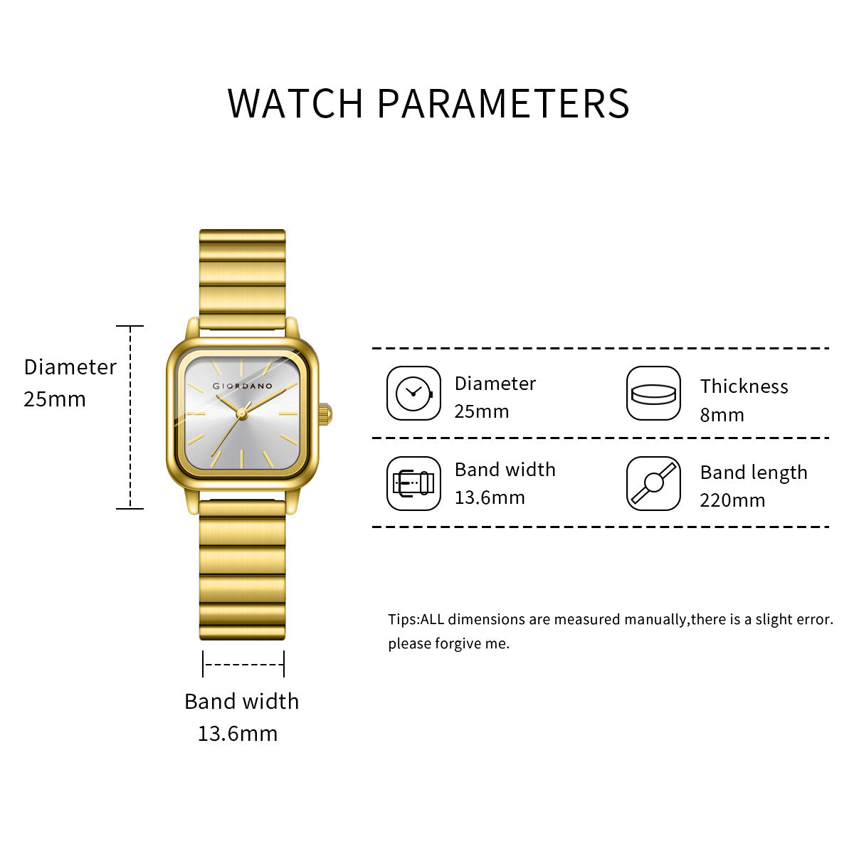 Giordano Classic Square Watch for Women – Polished Stainless Steel Strap, Minimalist Compact Design | GZ-60098-66