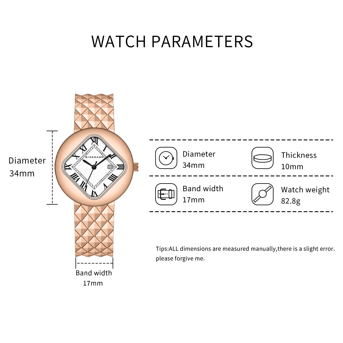 Giordano Elegant Analoge Watch for Women - Unique Rounded-Square Dial, Roman Numeral Dial, Date Display and Textured Stainless Steel Strap | GZ-60121-22