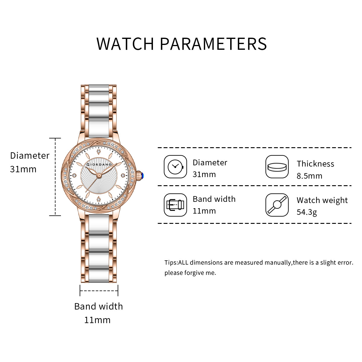 Giordano Flower Case Watch for Women with Crystal-Studded Bezel, Diamond Hour Markers & Dual Tone Stainless Strap | GZ-60095-33