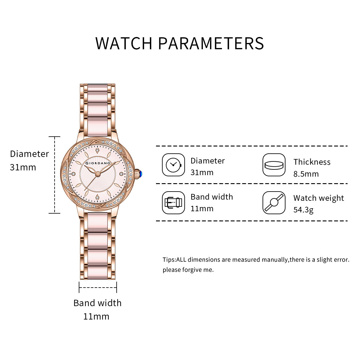 Giordano Flower Case Watch for Women with Crystal-Studded Bezel, Diamond Hour Markers & Dual Tone Stainless Strap | GZ-60095-22