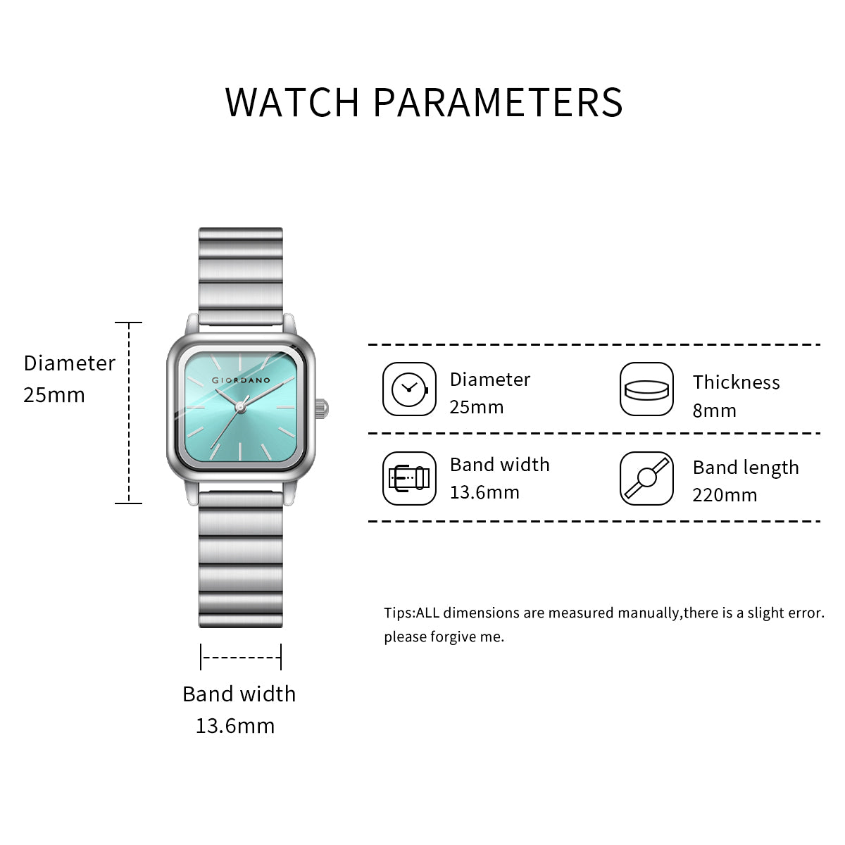 Giordano Classic Square Watch for Women – Polished Stainless Steel Strap, Minimalist Compact Design | GZ-60098-55