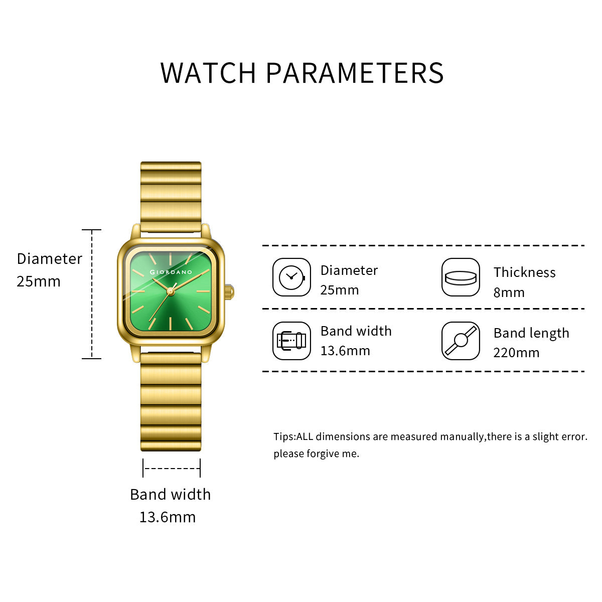 Giordano Classic Square Watch for Women – Polished Stainless Steel Strap, Minimalist Compact Design | GZ-60098-44