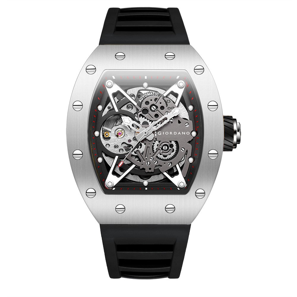 Giordano Automatic Wrist Watch for Men - Open Skeleton Dial | Brushed Steel Case Mechanical Movement with Silicone Strap | GZ-50145-02