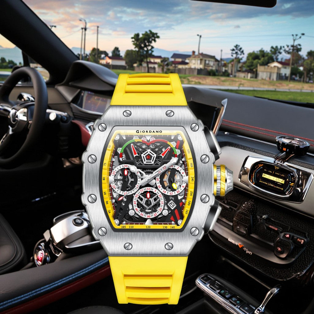 Giordano SPYDER Multifunction Watch - with Day, Date, and 24-Hour Sub-Dials | Water Resistant Square dial Unique Design Wrist Watch for Man | Best Gift for Males - GZ-50120-05