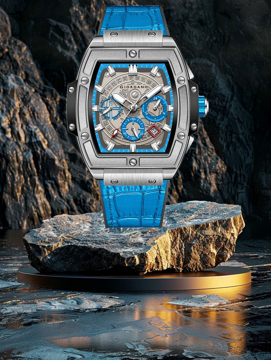 Giordano Terminator Blue Leather Multifunction Watch for men - with Day, Date, and 24-Hour Sub-Dials | Water Resistant Square Dial Unique Design Wrist Watch for Man | GZ-50098-05