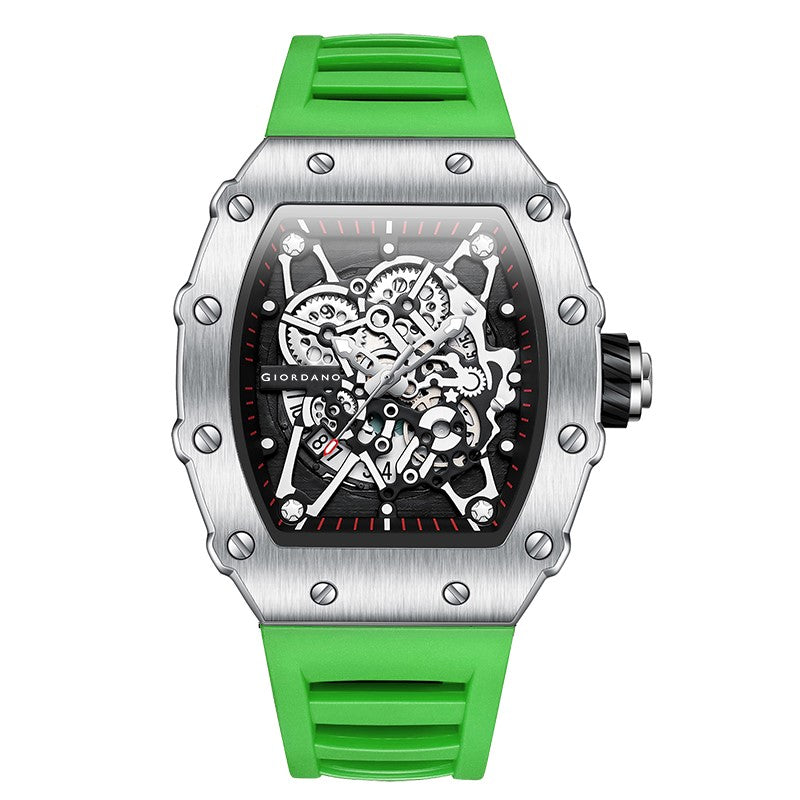 Giordano Analog Watch for Men - Skeleton-Style Dial | Brushed Steel Case with Silicone Strap | GZ-50127-07