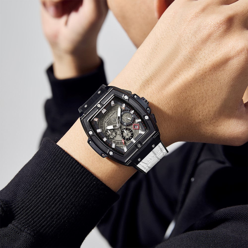 Giordano Terminator White Leather Multifunction Watch for men - with Day, Date, and 24-Hour Sub-Dials | Water Resistant Square Dial Unique Design Wrist Watch for Man | GZ-50098-06