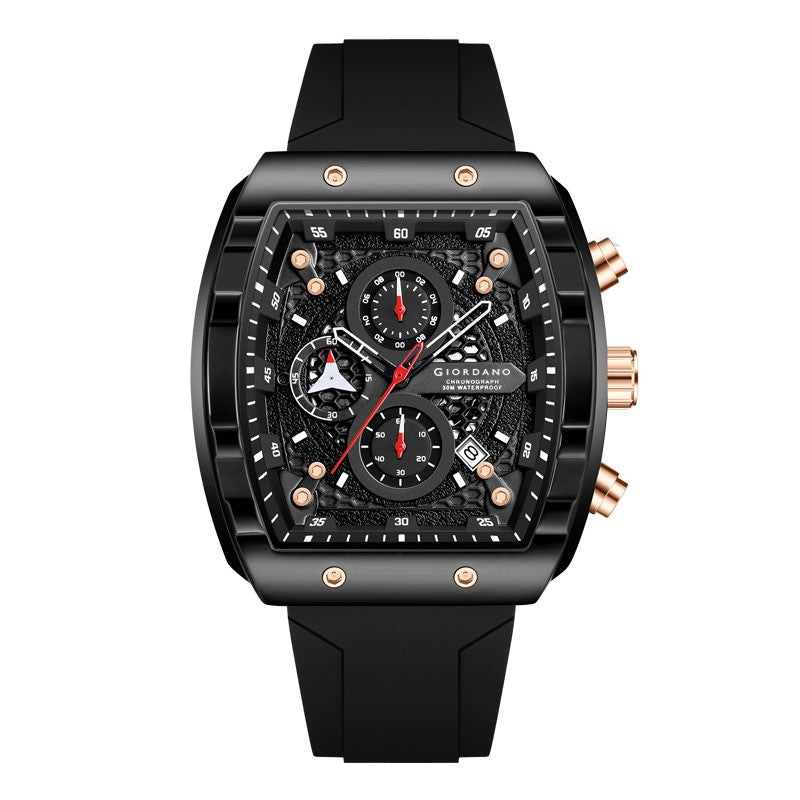 Giordano Black  Square Dial Multifuncational Watch for Men with Stylish Design, Waterproof, Date Display & Silicone Strap GZ-50123-01