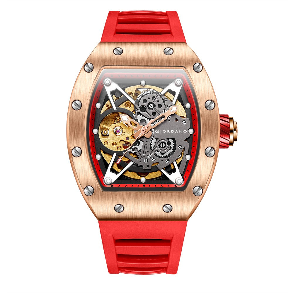 Giordano Automatic Wrist Watch for Men - Open Skeleton Dial | Brushed Steel Case Mechanical Movement with Silicone Strap | GZ-50145-03