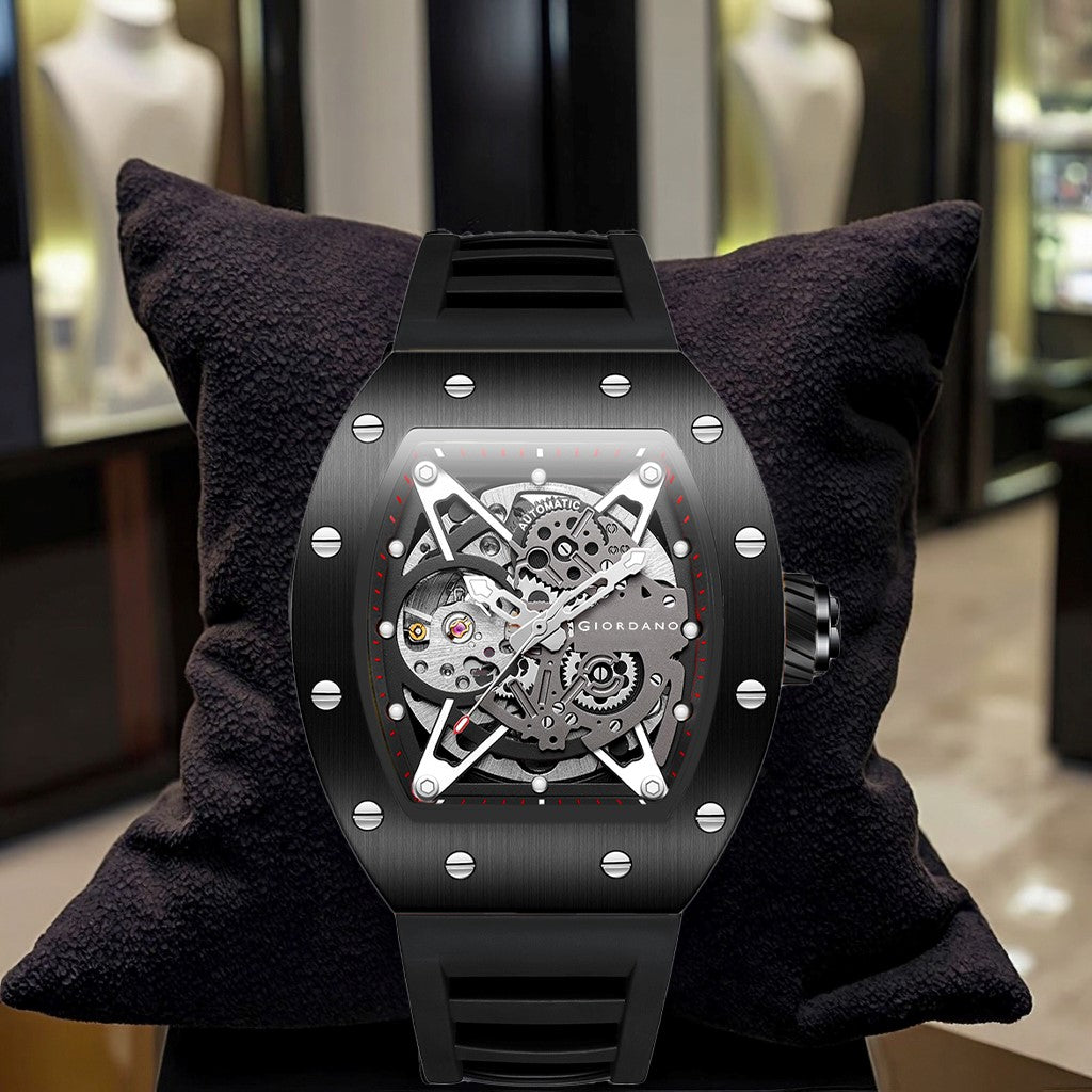 Giordano Automatic Wrist Watch for Men - Open Skeleton Dial | Brushed Steel Case Mechanical Movement with Silicone Strap | GZ-50145-01