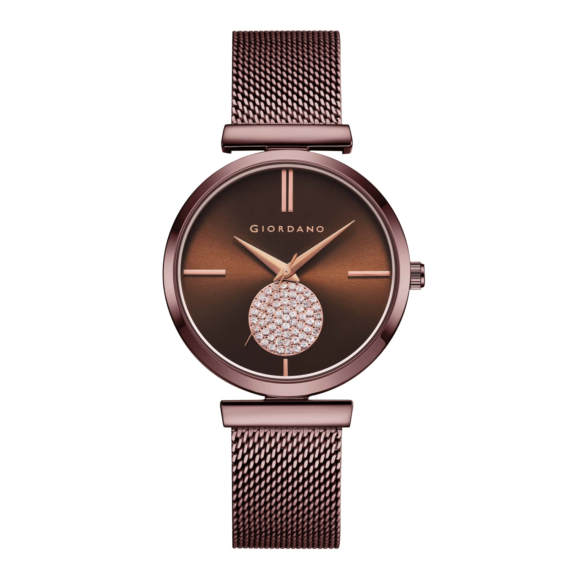 Giordano Eleganza Collection Analog Watch for Women with Crystal Studded Dial and Metallic Mesh Strap GD-4066-11