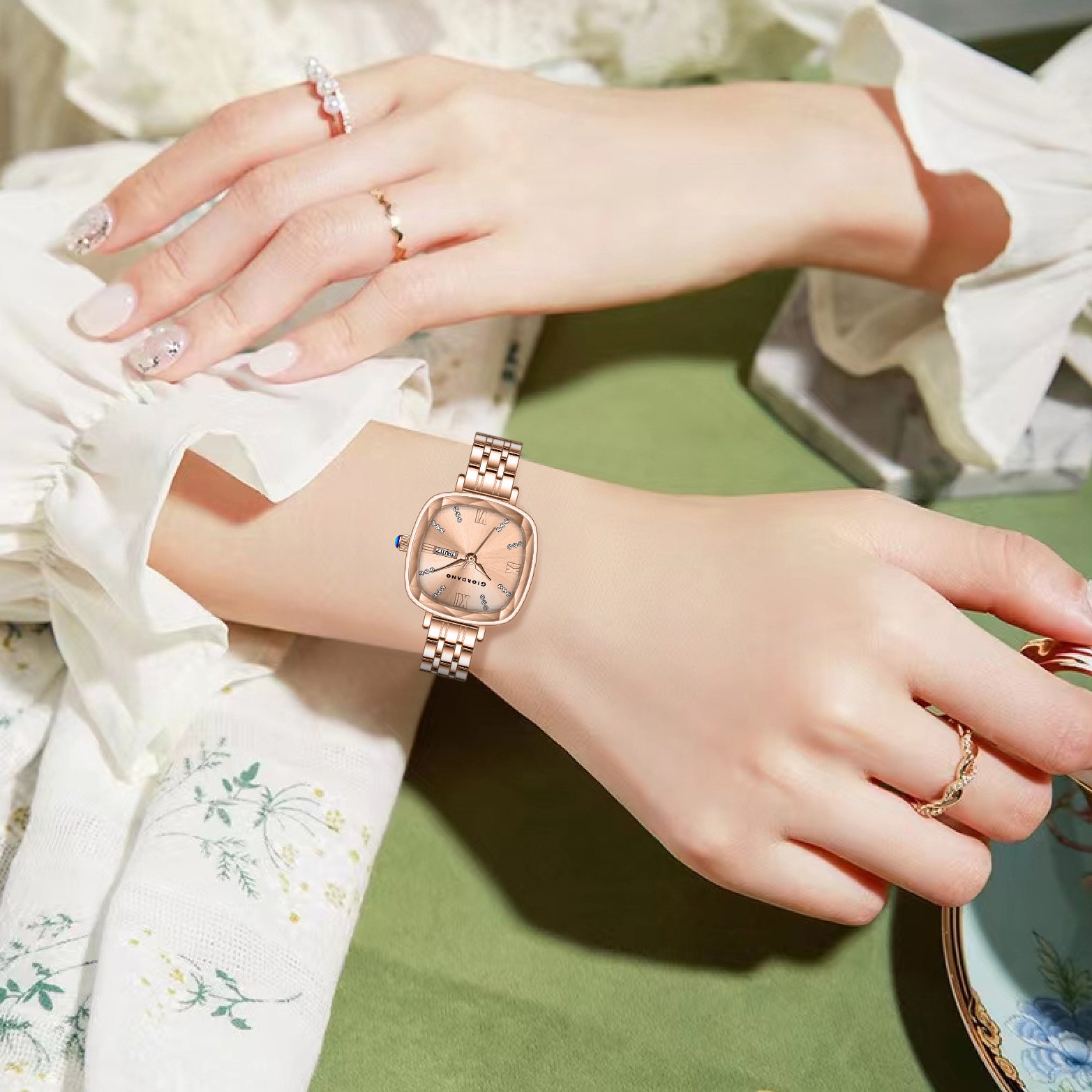 Giordano Elegant Square Rose Gold Watch for Women – Crystal & Roman Hour Markers, Day-Date Display, Stainless Steel Strap | GZ-60097-22