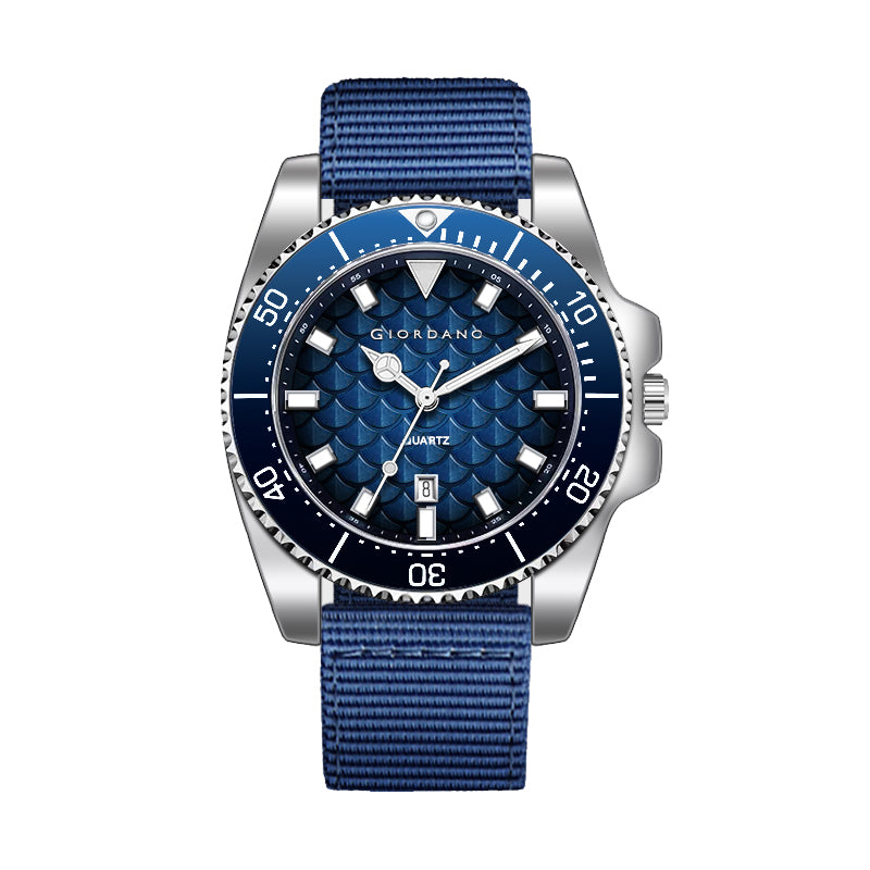 Giordano Analog Quartz Watch for Men with Black Textured Fish Scale Dial, Luminous Hands & Markers, Date Window, Nylon NATO Strap, Rotating Bezel GZ-50195-22