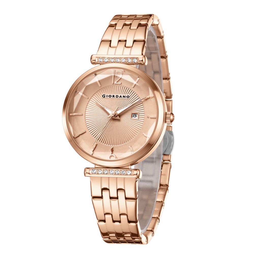 Giordano Exquisite Analog  Watch for Women with Round cut glass Textured Dial, Stainless Steel strap and date display | GZ-60111-44