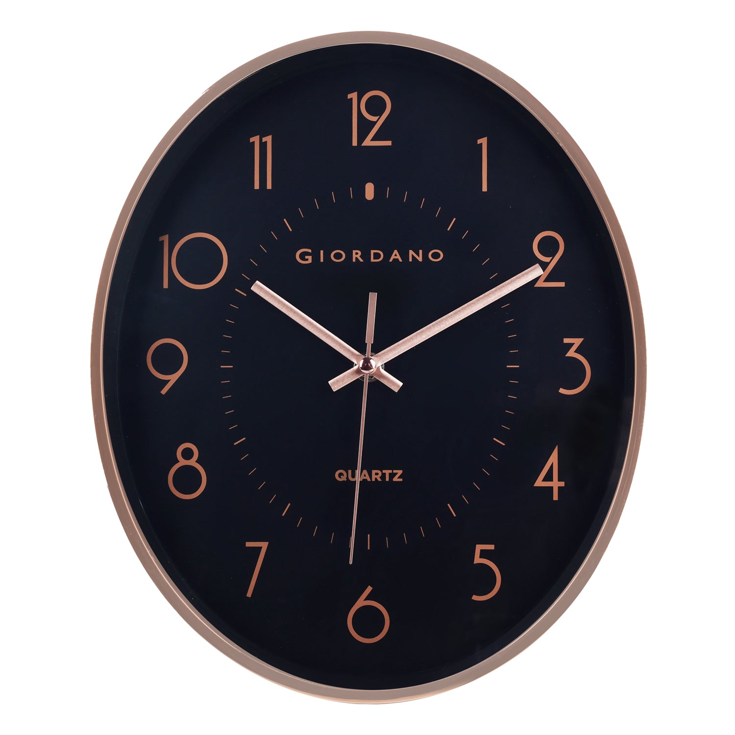 Giordano Wall Clock, Silent Sweep Non-Ticking Quartz Movement, 12.6 Inch(32 cm) HD Glass Black Dial, Rose Gold Oval Plastic Frame, Metal Hand - GDCLTY1001RGBLK