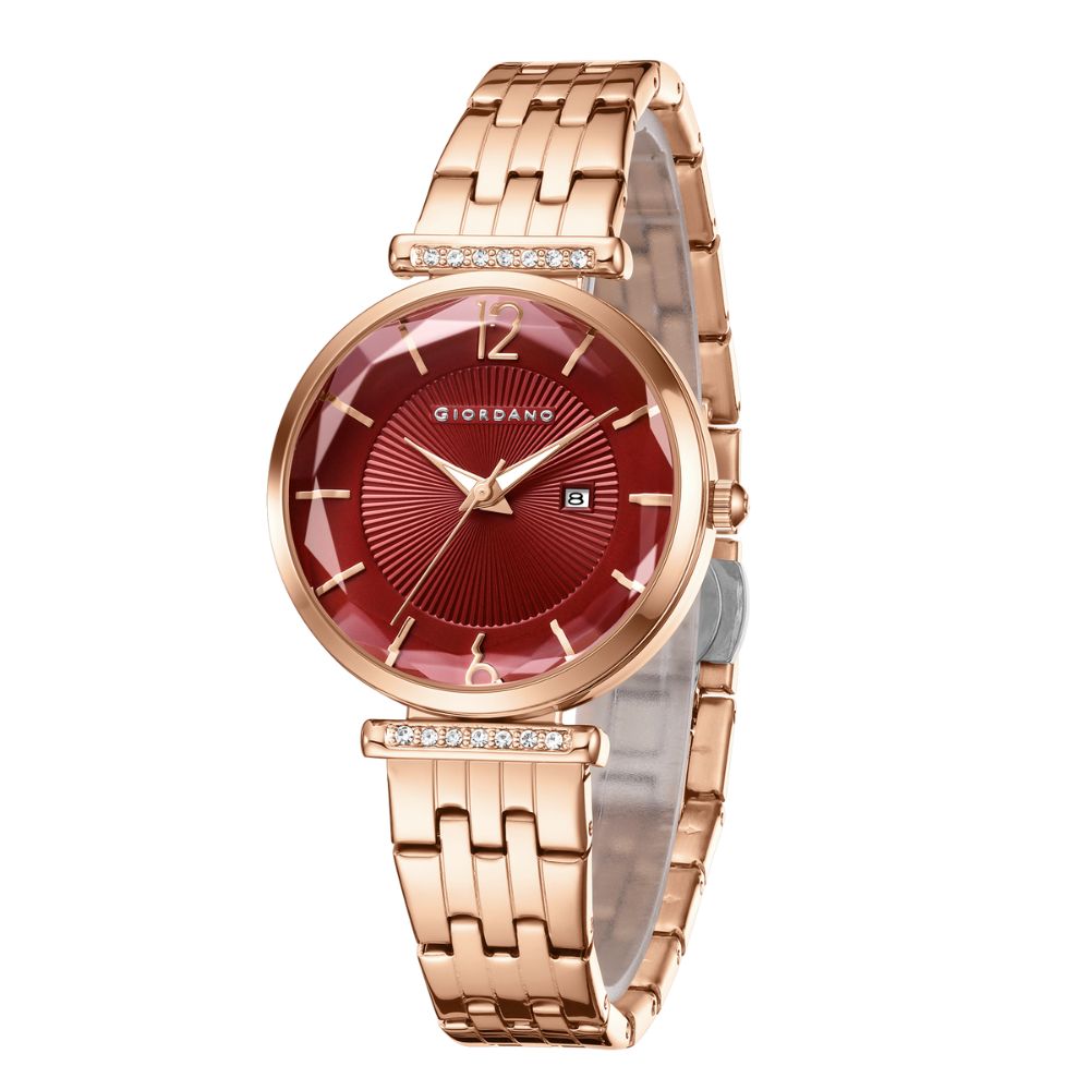 Giordano Exquisite Analog  Watch for Women with Round cut glass Textured Dial, Stainless Steel strap and date display | GZ-60111-55