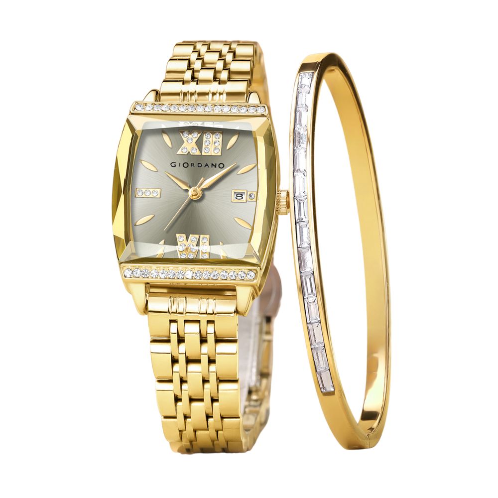 Giordano Analog Watch with Bracelet Set for Women – Cut Glass Square Dial, Crystal Roman Indices and Stainless Steel Strap – Elegant Gift Combo for Women | GZ-60117-55