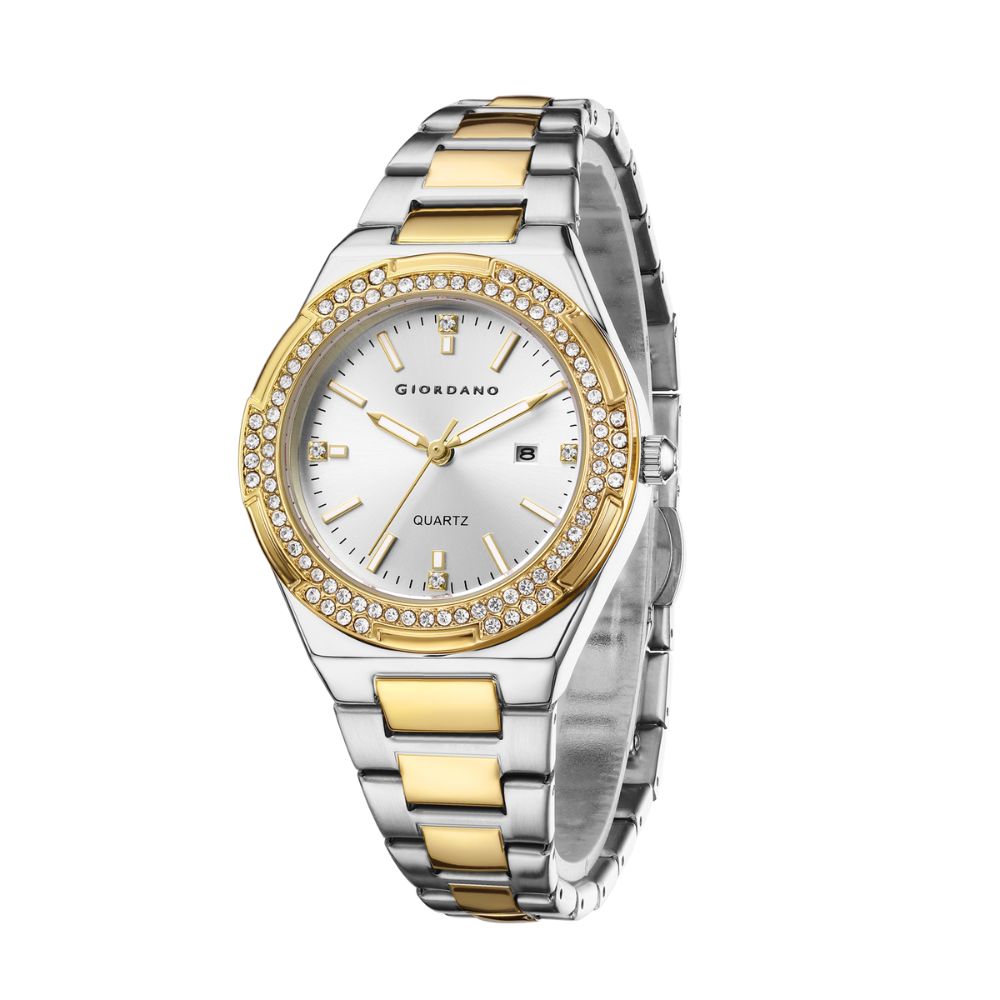 Giordano Analog watch for women with Crystal Bezel, round gloss finish dial, stainless steel strap and date display | GZ-60112-33