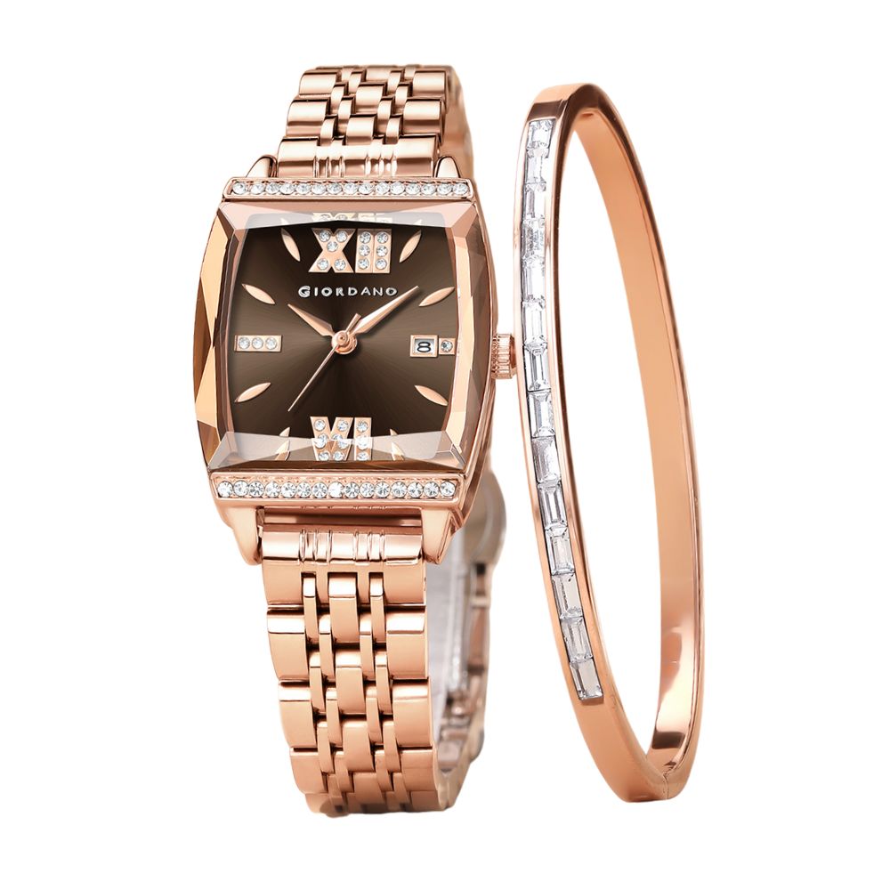 Giordano Analog Watch for Women – Elegant Square Cut-Glass Dial, Crystal Roman Numerals, Stainless Steel Strap – Stylish Luxury Timepiece & Gift | GZ-60117-22