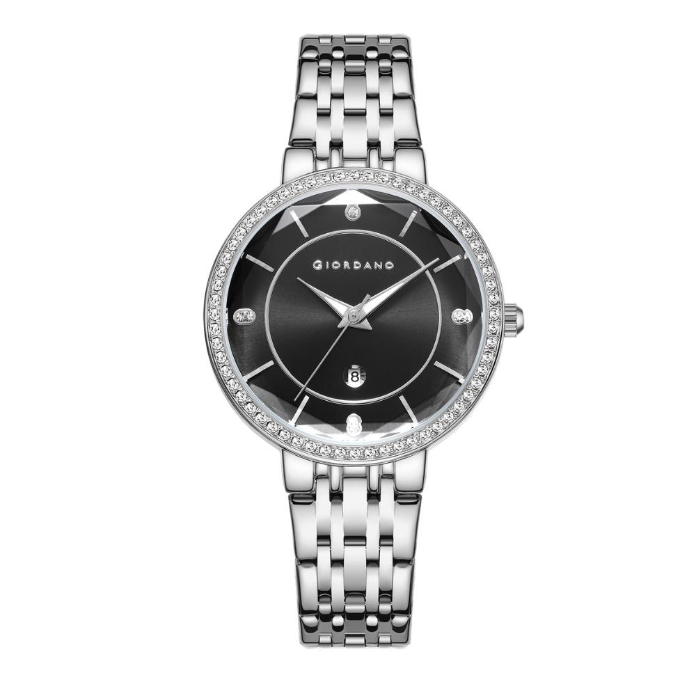 Giordano Stylish Analog Watch for Women – Round cut glass Dial,diamond studed bezel, stainess steel strap and date display | GZ-60110-11