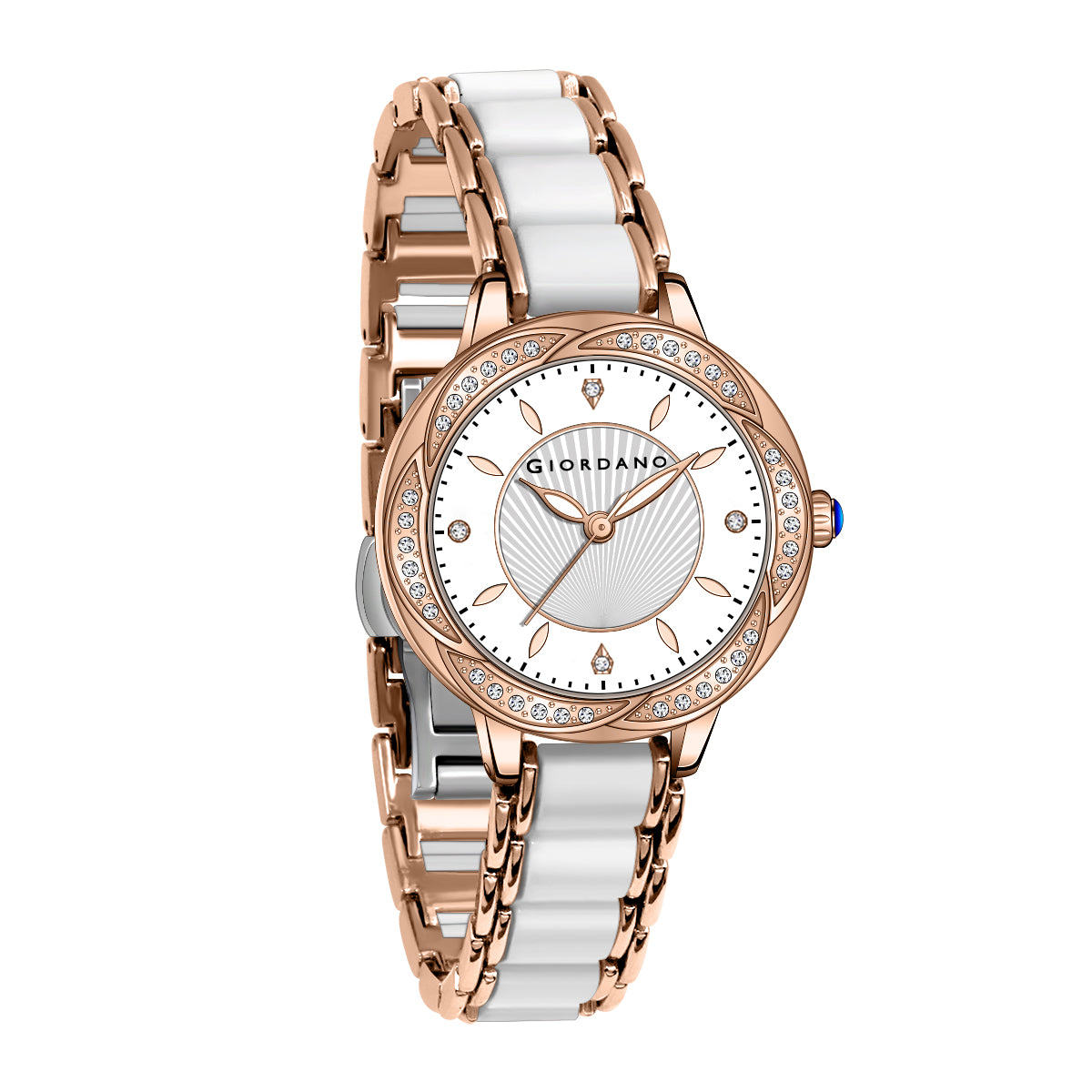 Giordano Flower Case Watch for Women with Crystal-Studded Bezel, Diamond Hour Markers & Dual Tone Stainless Strap | GZ-60095-33