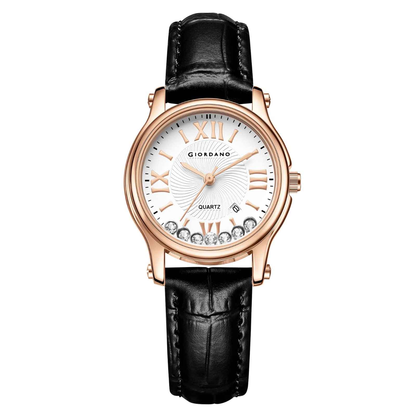 Giordano Luxury Analog Quartz Watch for Women – Rose Gold Case, Roman Numerals, Crystal-Studded Dial, Leather Strap – Elegant Timepiece - GZ-60142-11