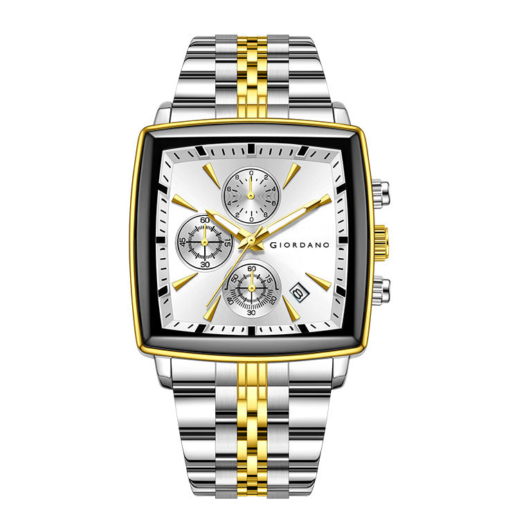 Giordano Multi Function Watch For Men With Square White Dial, Stainless Steel Strap And Date Display GZ-50138-33