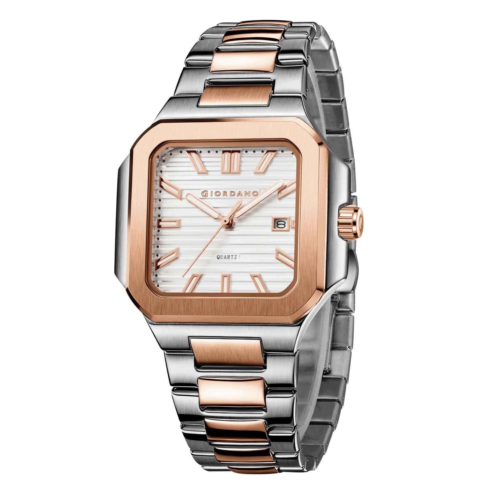 GIORDANO Analog Square Watch for Men – Textured Dial, Two-Tone Stainless Steel Strap, Quartz Movement and Date Display - GZ-50174-22