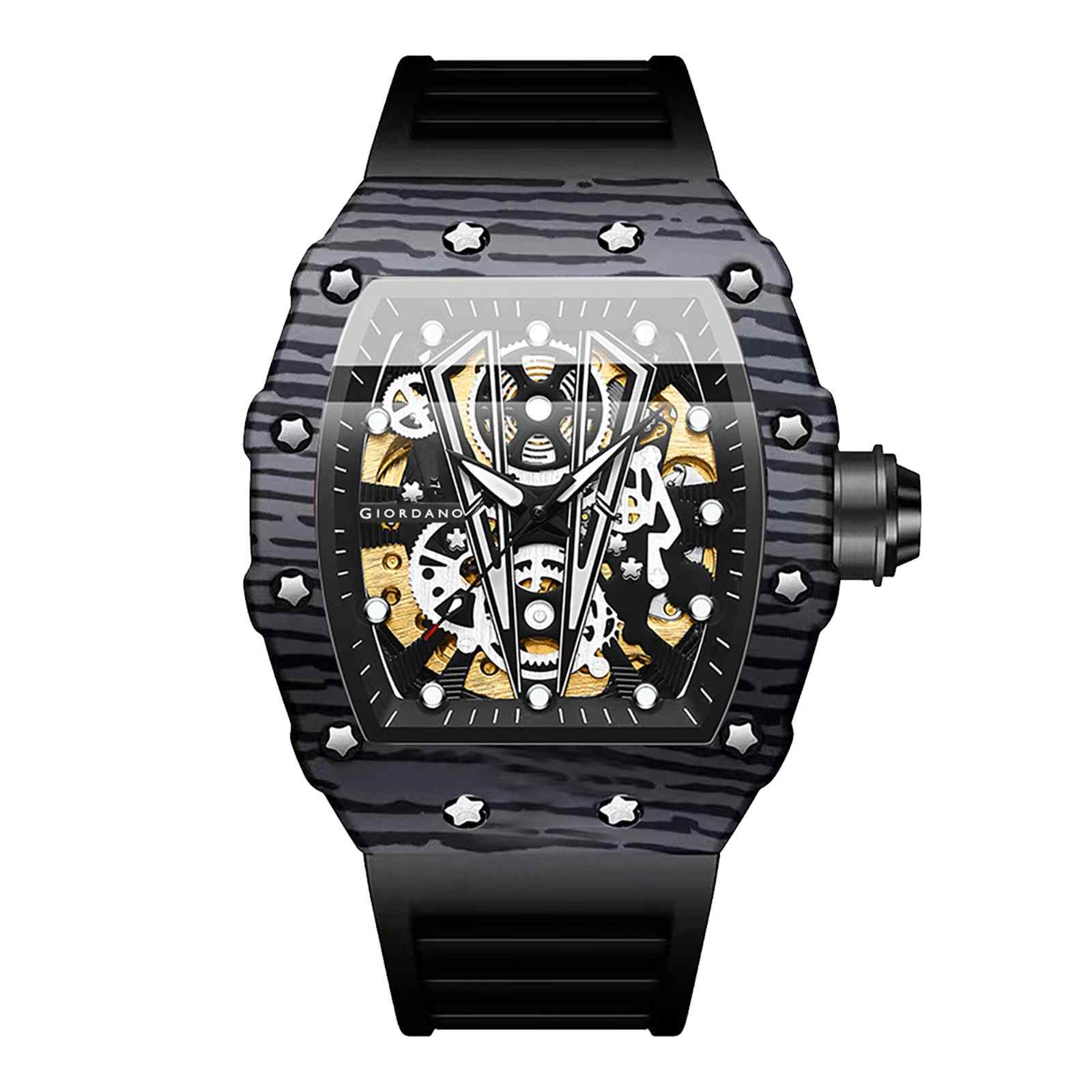 GIORDANO Automatic Square Watch for Men with Skeleton Design, Rugged Textured Case, Luminous Hands, and Silicone Strap - GZ-50181-11