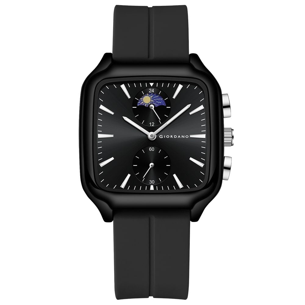Giordano Premium Square Case Watch for Men | Moon Phase/24-Hour Indicator, Dual Subdials, Silicone Strap GZ-50166-01