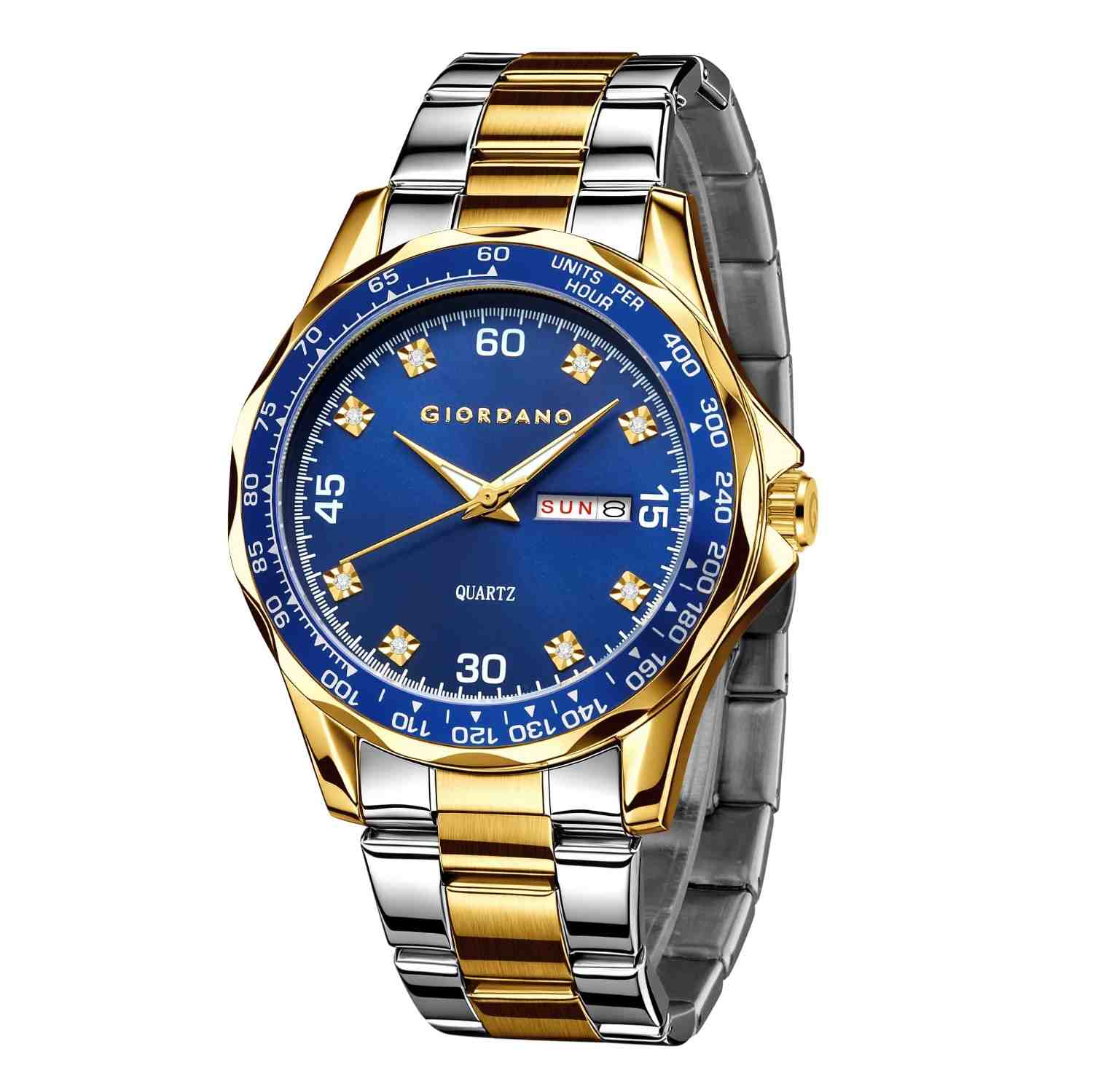 GIORDANO Two-Tone Analog Watch for Men - Crystal Hour Markers, Textured Bezel Design,  Day & Date Display, Stainless Steel Strap, Quartz Movement - GZ-50177-22