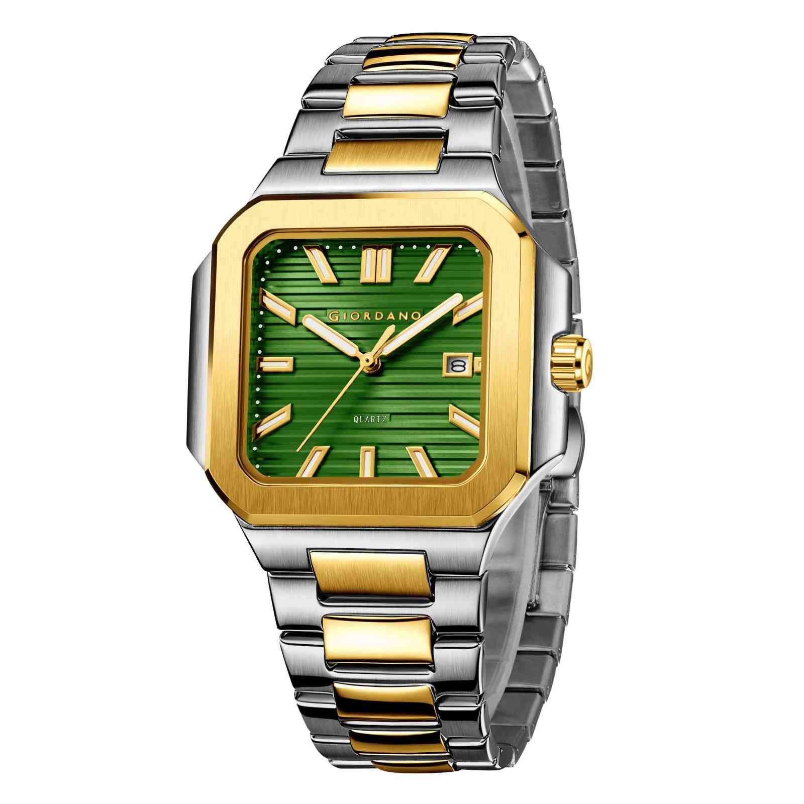 GIORDANO Analog Square Watch for Men – Textured Dial, Two-Tone Stainless Steel Strap, Quartz Movement and Date Display - GZ-50174-33