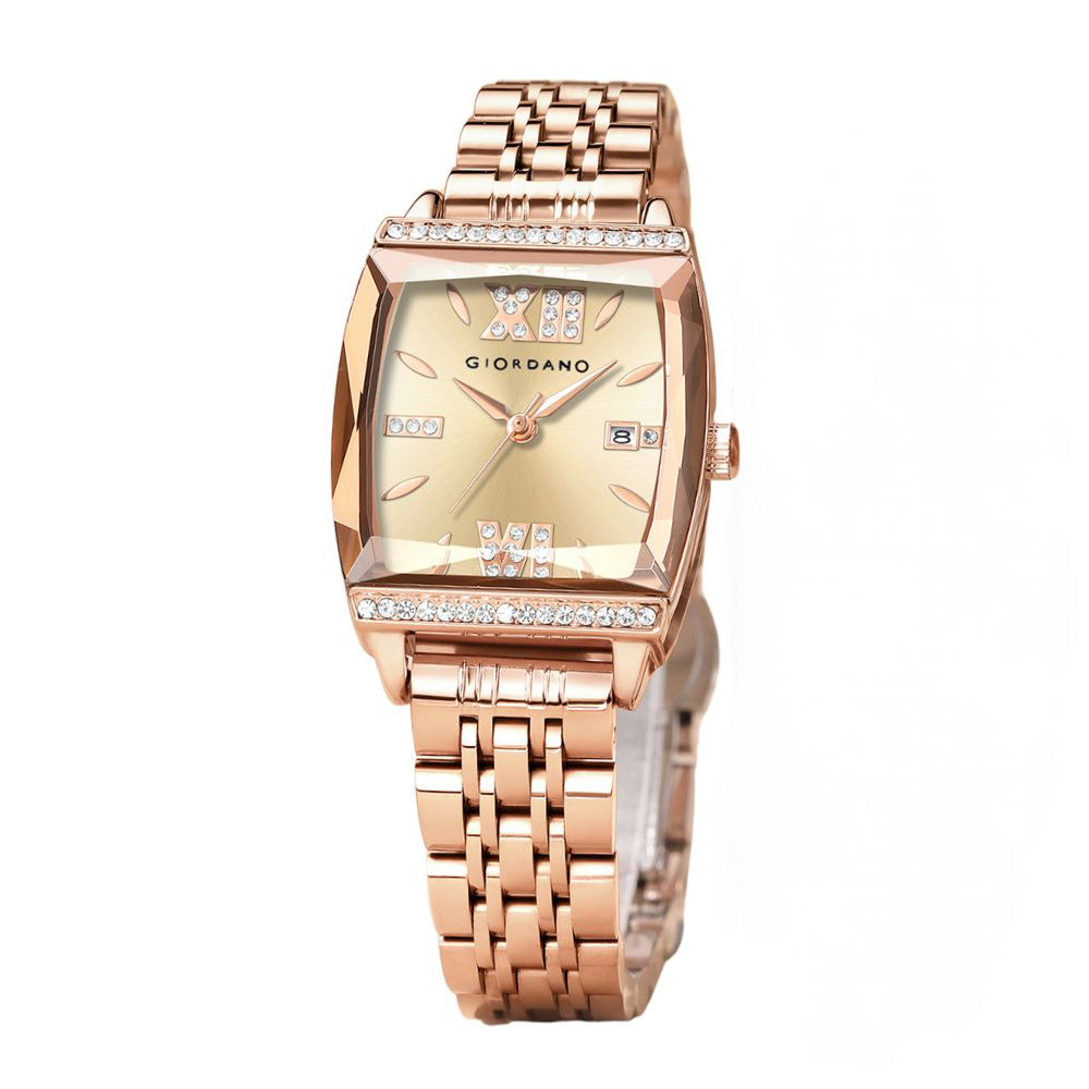 Giordano Analog Watch for Women – Elegant Square Cut-Glass Dial, Crystal Roman Numerals, Stainless Steel Strap – Stylish Luxury Timepiece & Gift | GZ-60117-44