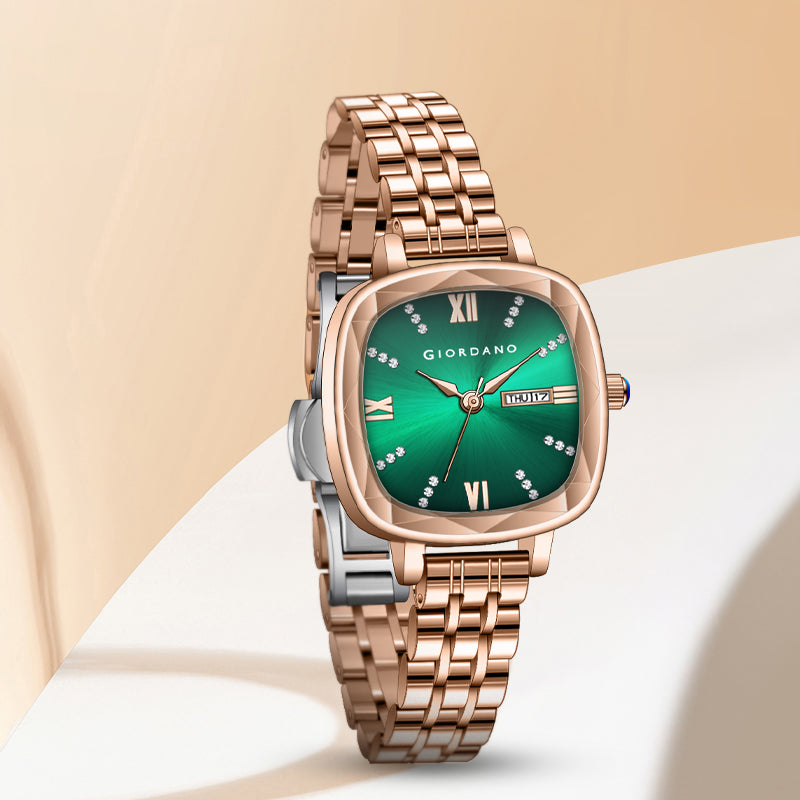 Giordano Elegant Square Rose Gold Watch for Women – Crystal & Roman Hour Markers, Day-Date Display, Stainless Steel Strap | GZ-60097-33