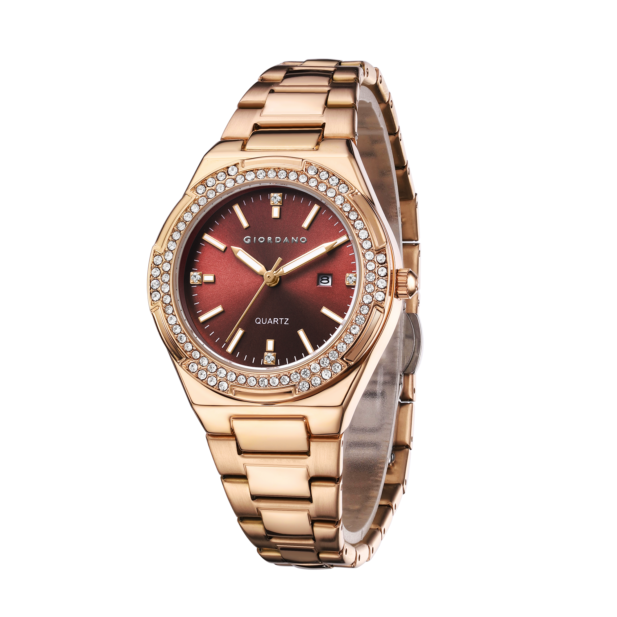 Giordano Analog watch for women with Crystal Bezel, round gloss finish dial, stainless steel strap and date display | GZ-60112-22