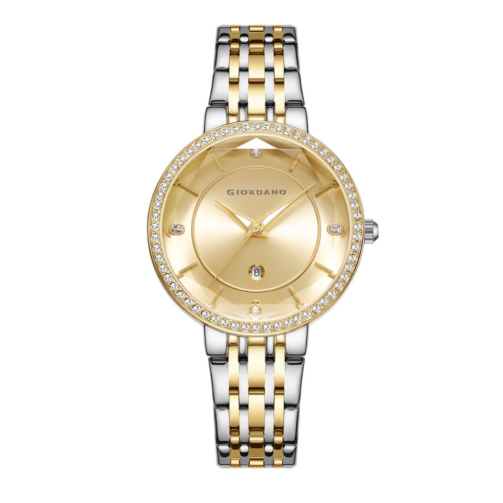 Giordano Stylish Analog Watch for Women – Round cut glass Dial,diamond studed bezel, stainess steel strap and date display | GZ-60110-33
