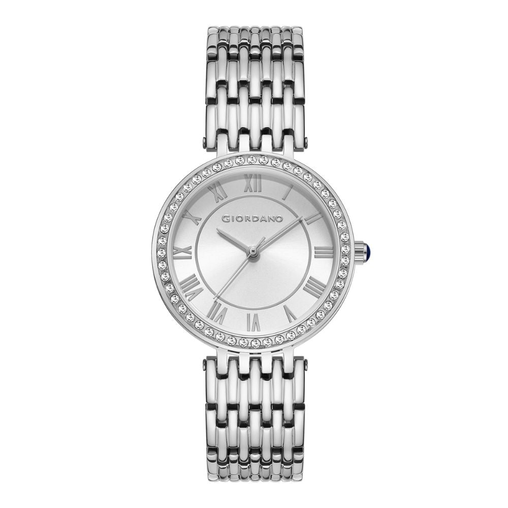 Giordano Eleganza Collection Watch for Women with Stainless Steel Strap and Crystal Embellished Bezel, Roman Numerals-A2083-77