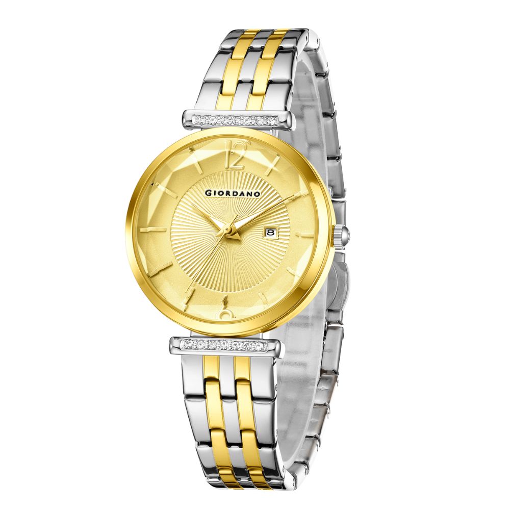 Giordano Exquisite Analog  Watch for Women with Round cut glass Textured Dial, Stainless Steel strap and date display | GZ-60111-11