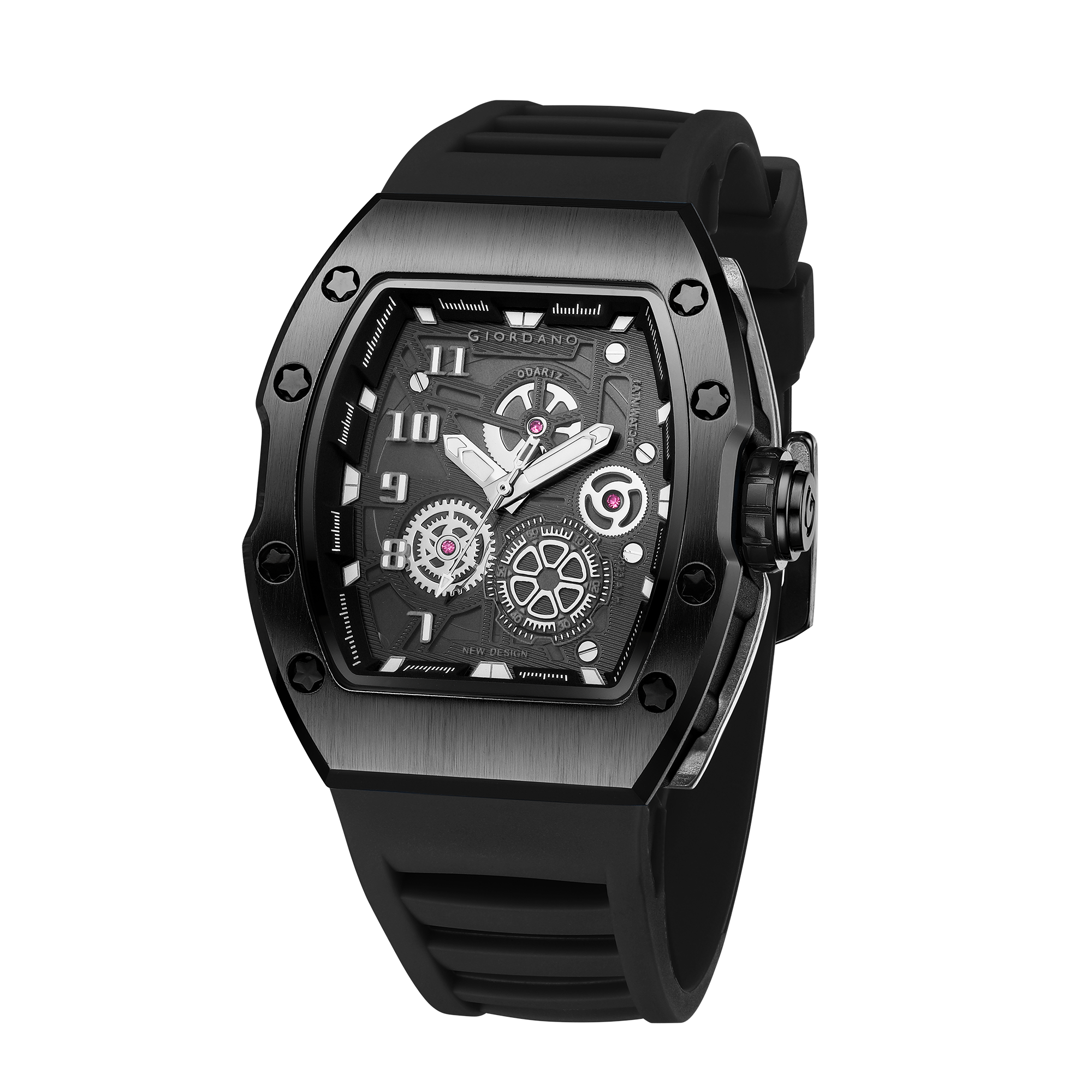 Giordano Sqaure Analog Casual Sporty Watch for Men – Mechanical-Inspired Design dial, Quartz Movement, silicon strap and date display | GZ-50150-01