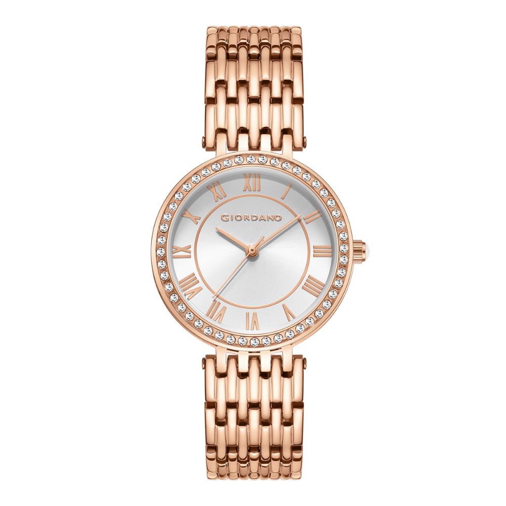 Giordano Eleganza Collection Watch for Women with Stainless Steel Strap and Crystal Embellished Bezel, Roman Numerals-A2083-22