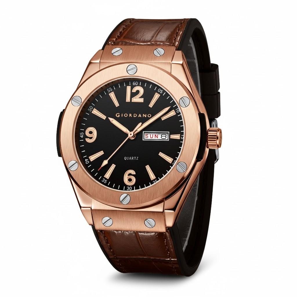 GIORDANO Luxury Watch for Men with Leather Strap, Day-Date Display, Brushed Metal Finish, and Silver Screw Details - GZ-50176-02