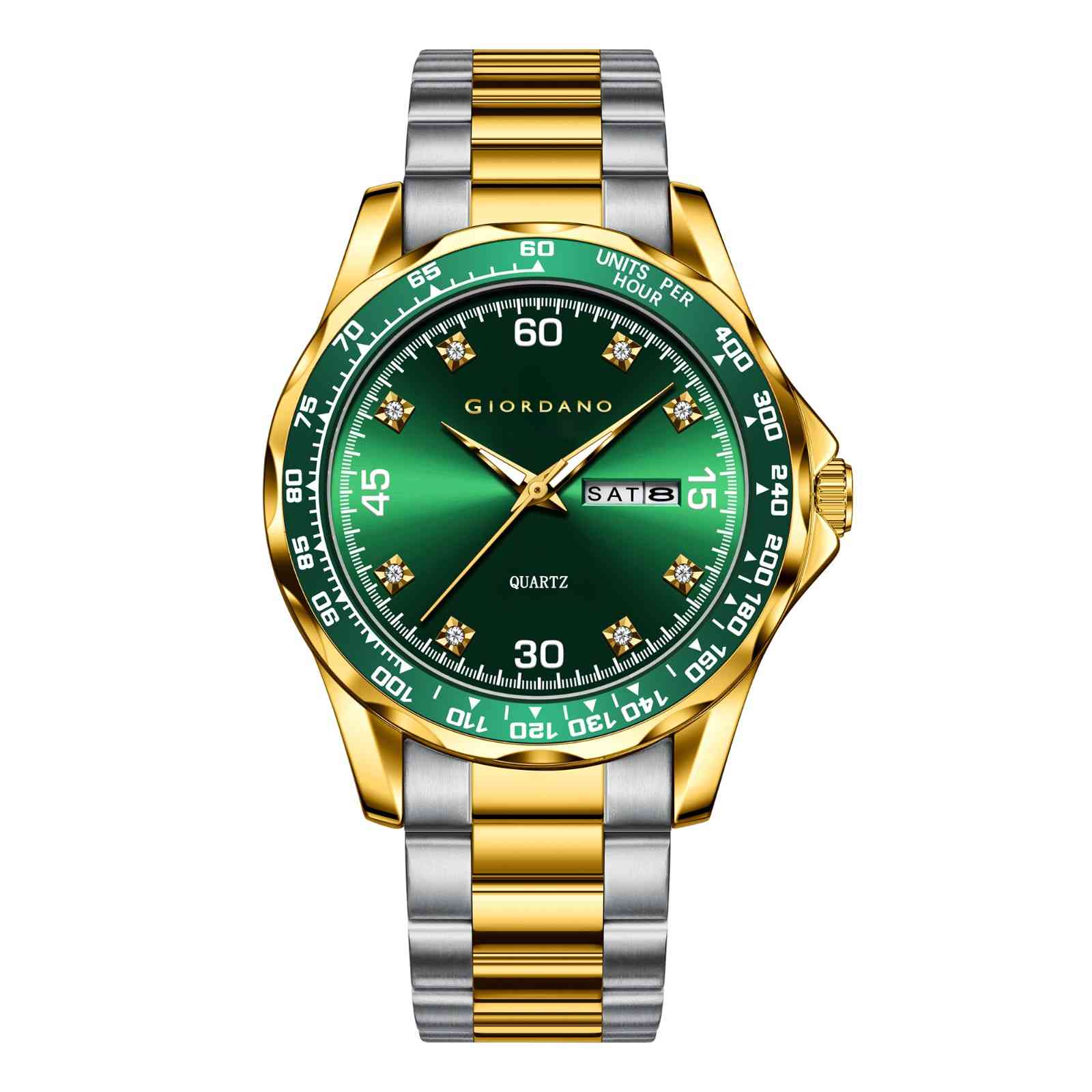GIORDANO Two-Tone Analog Watch for Men - Crystal Hour Markers, Textured Bezel Design,  Day & Date Display, Stainless Steel Strap, Quartz Movement - GZ-50177-33