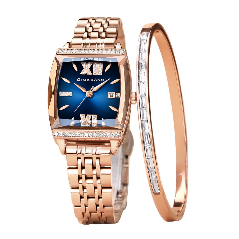 Giordano Analog Watch with Bracelet Set for Women – Cut Glass Square Dial, Crystal Roman Indices and Stainless Steel Strap – Elegant Gift Combo for Women | GZ-60117-33
