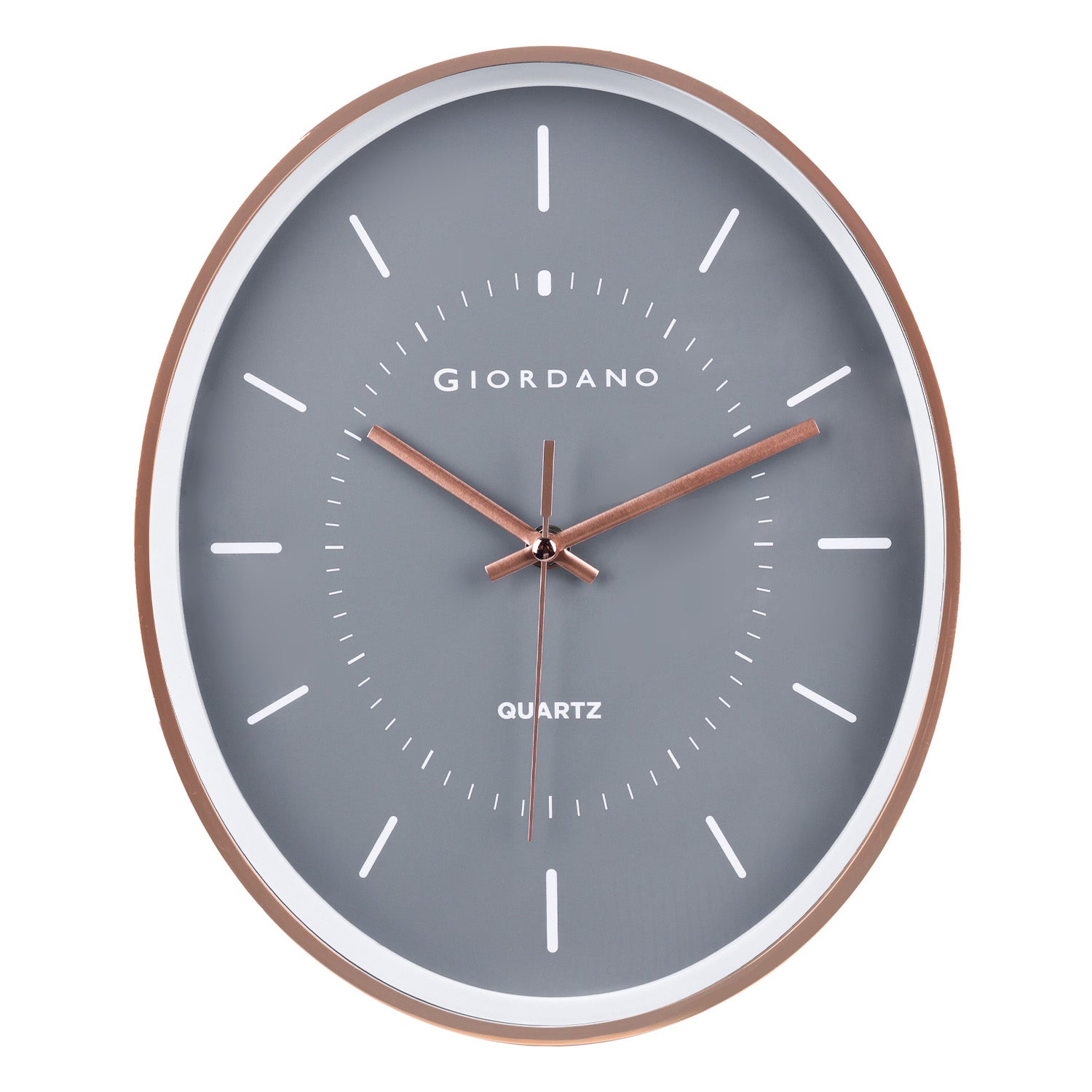 Giordano Wall Clock, Silent Sweep Non-Ticking Quartz Movement, 12.6 Inch(32 cm) HD Glass Grey Dial, Rose Gold Oval Plastic Frame, Metal Hand - GDCLTY1001RGGRY