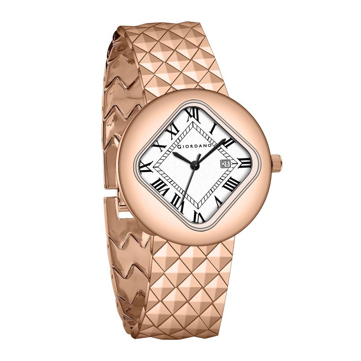 Giordano Elegant Analoge Watch for Women - Unique Rounded-Square Dial, Roman Numeral Dial, Date Display and Textured Stainless Steel Strap | GZ-60121-22