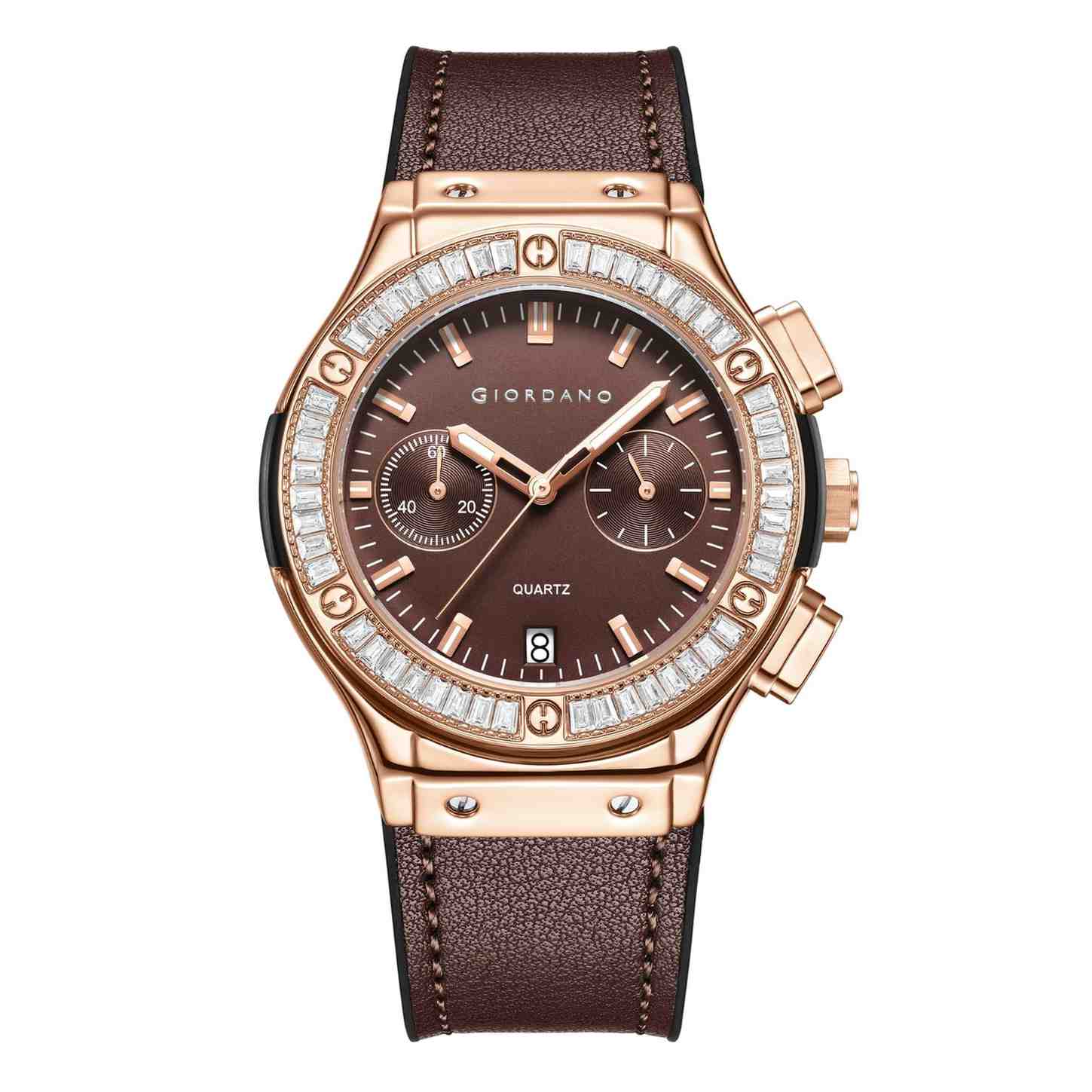 Giordano analog Watch for Women  – Round Dial,  Leather Strap, Crystal-Studded Bezel with Quartz Movement-GZ-60093-05